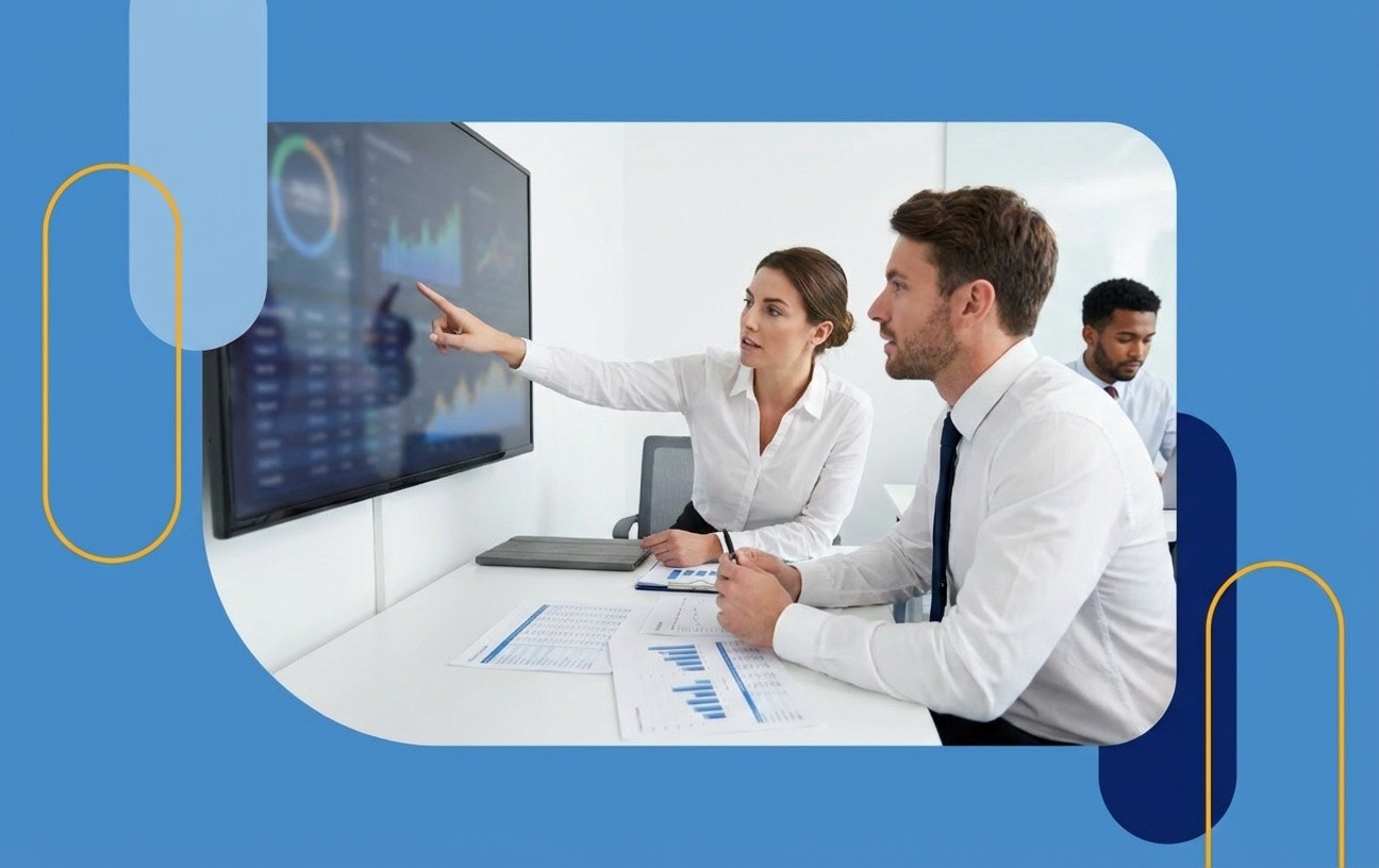 A professional woman presenting data on a large digital screen to her team, representing expert vendor account management and Amazon 1P profit recovery