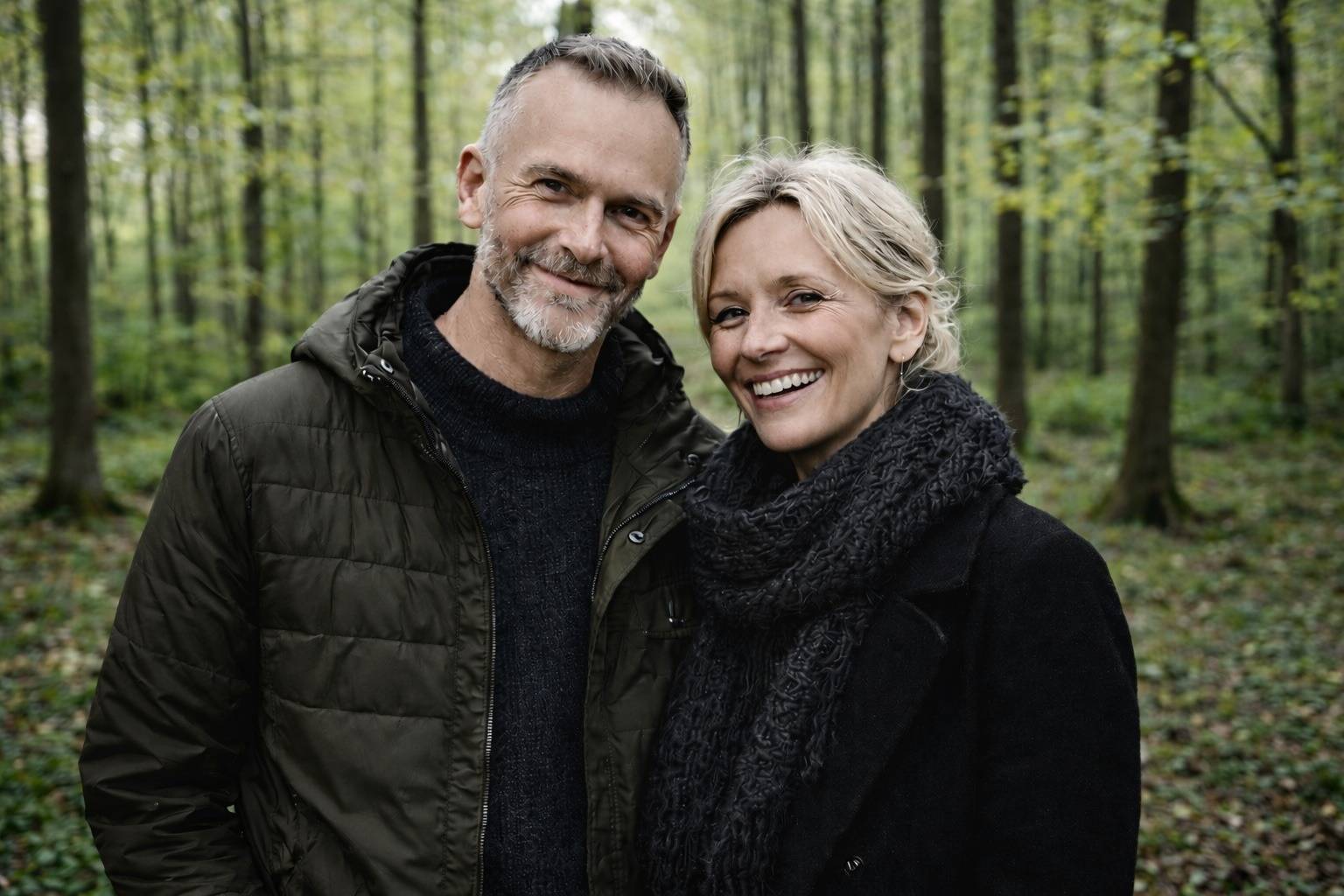 Dansk par går en tur i skoven hånd i hånd dybt forelskede