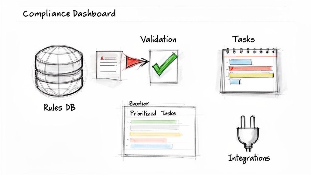 A hand-drawn diagram illustrating a compliance dashboard with rules, validation, tasks, and integrations.