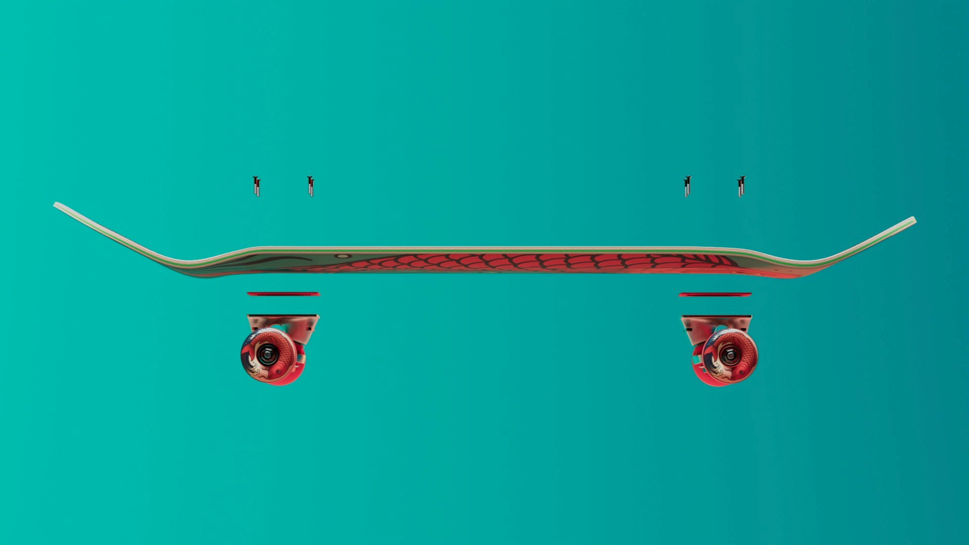 Still frame of a build up animation of a skateboard
