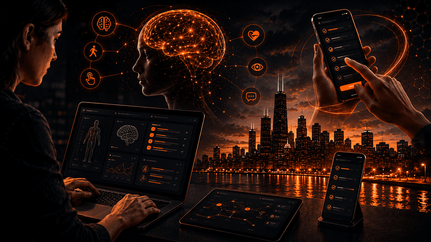 A person interacts with futuristic digital interfaces on a laptop and multiple mobile devices, displaying data and graphics related to human anatomy and brain function, set against a city skyline at night, emphasizing technological advancements and Optima Quality Solutions.