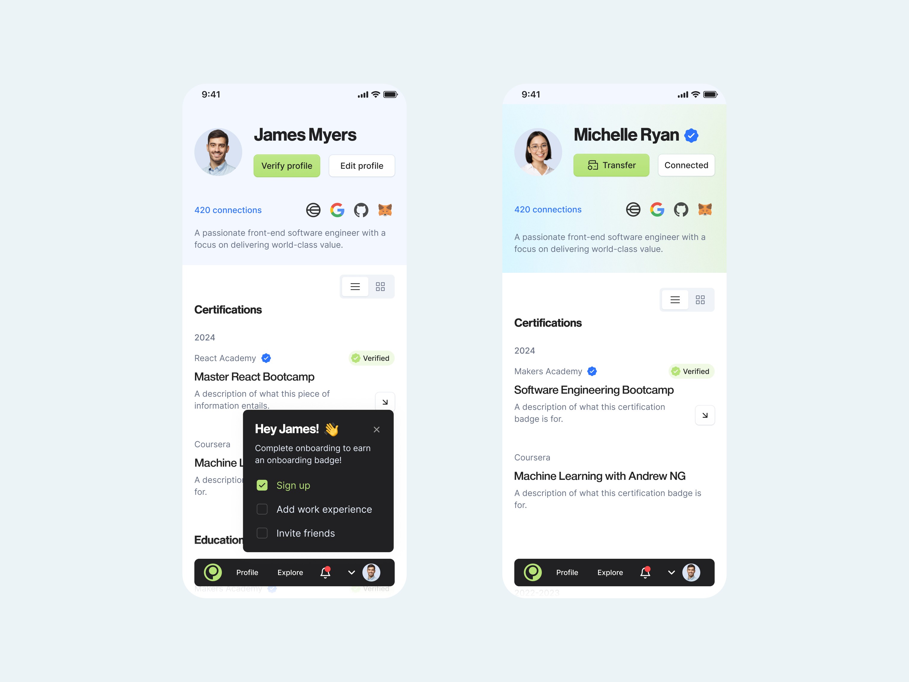 Profile io web3 account product design mobile menu