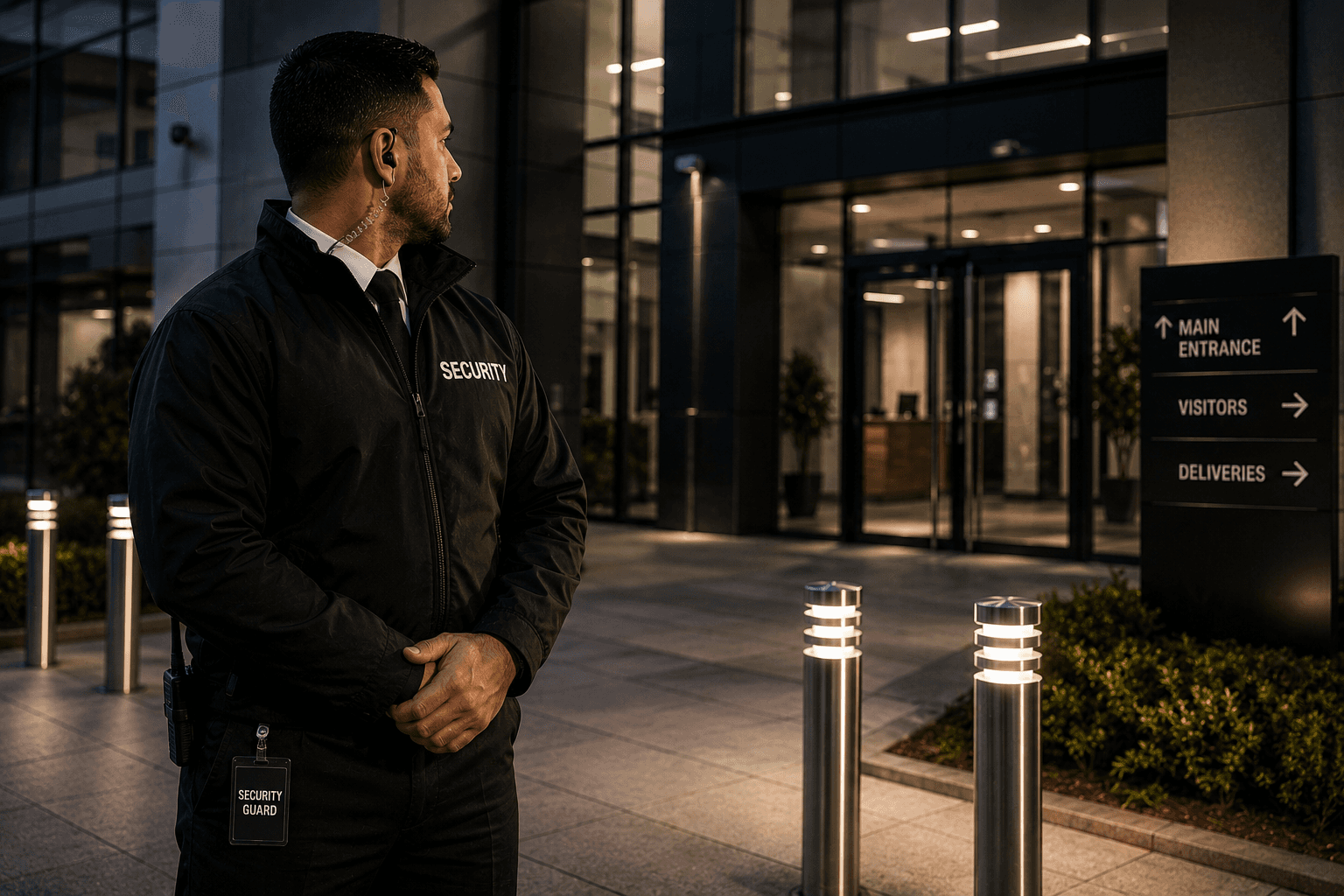 Static security guard protecting the entrance of a modern commercial office building at dusk.