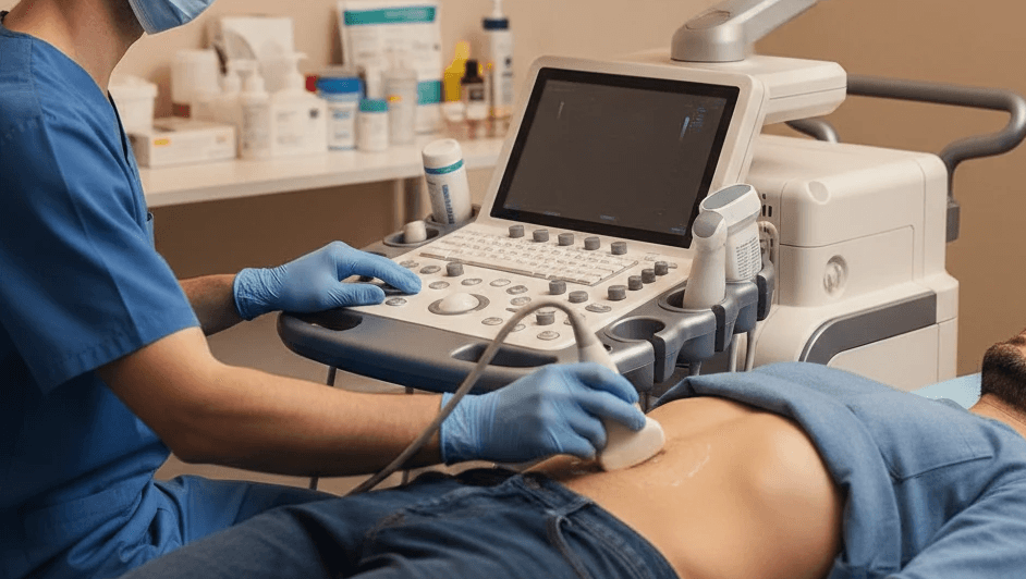 Male doctor examining little girl holding teddy bear toy