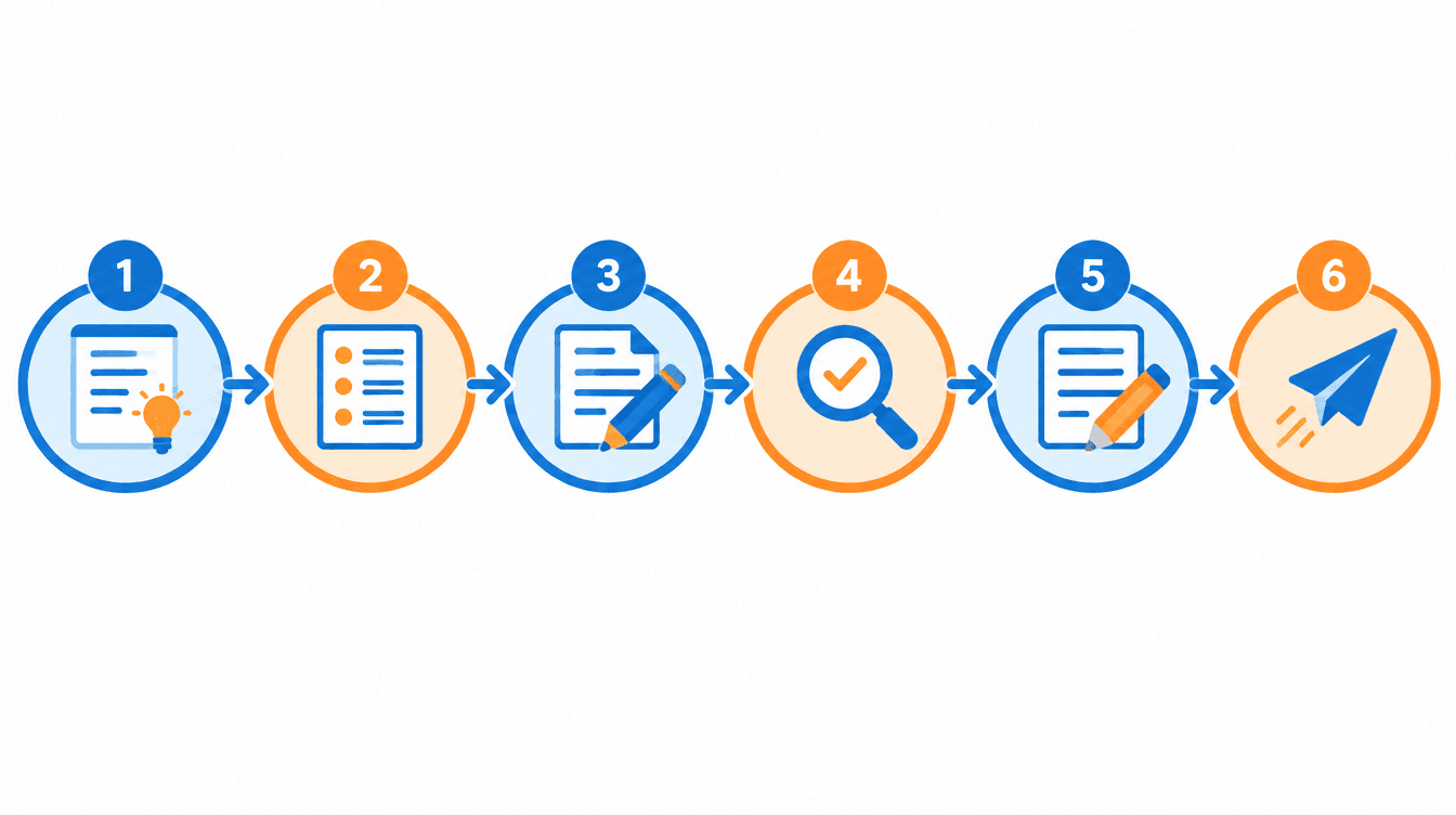 6-step AI writing workflow framework infographic showing the process from brief to publish
