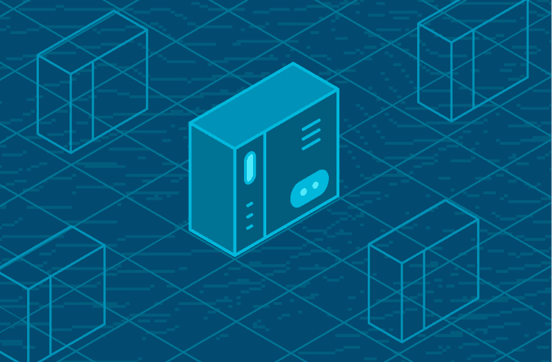 Teal isometric server unit centered within a grid of outlined server shapes on a dark blue patterned background.