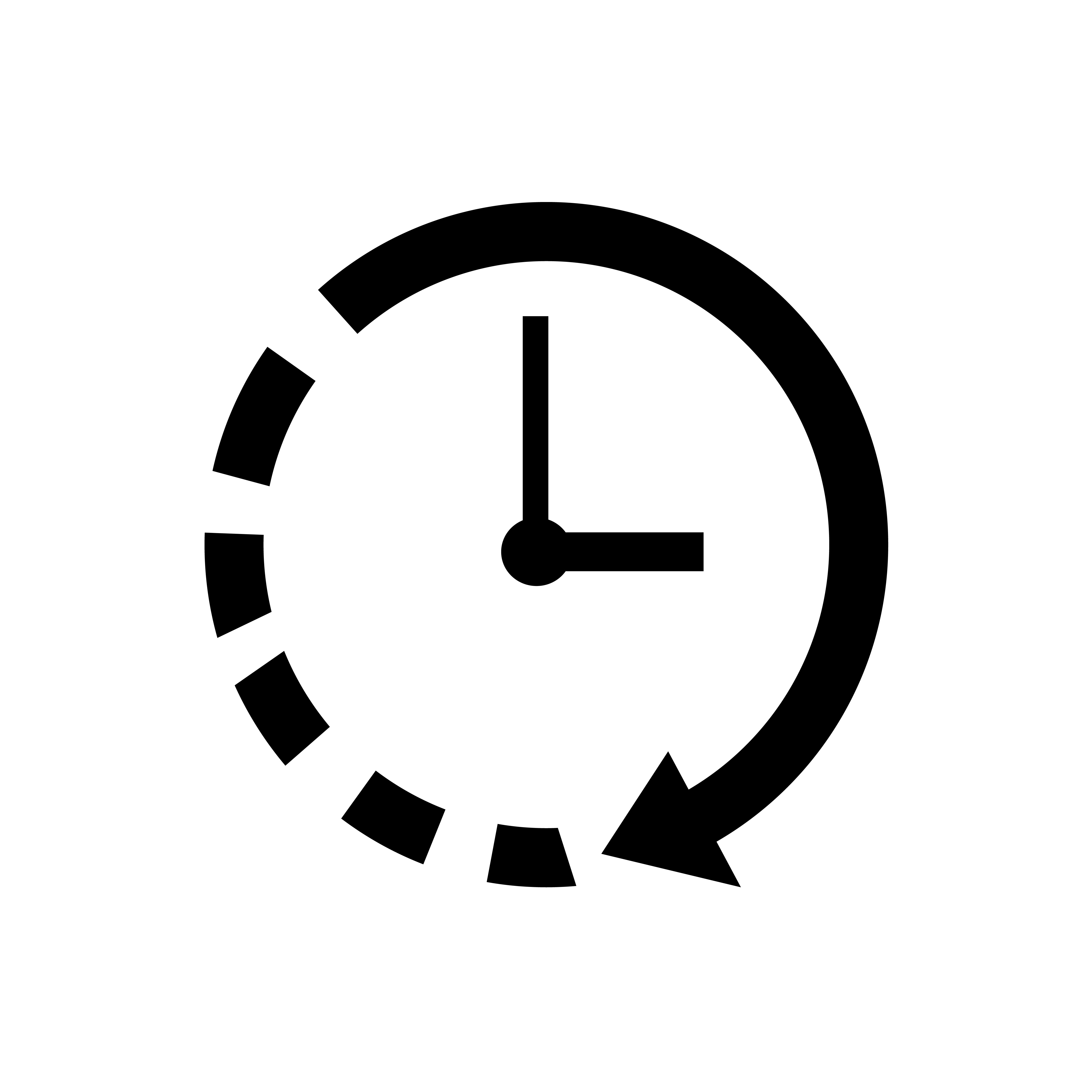 Black and white clock icon with hands pointing at 3 o'clock, surrounded by an arrow and dashed lines, indicating time or process.
