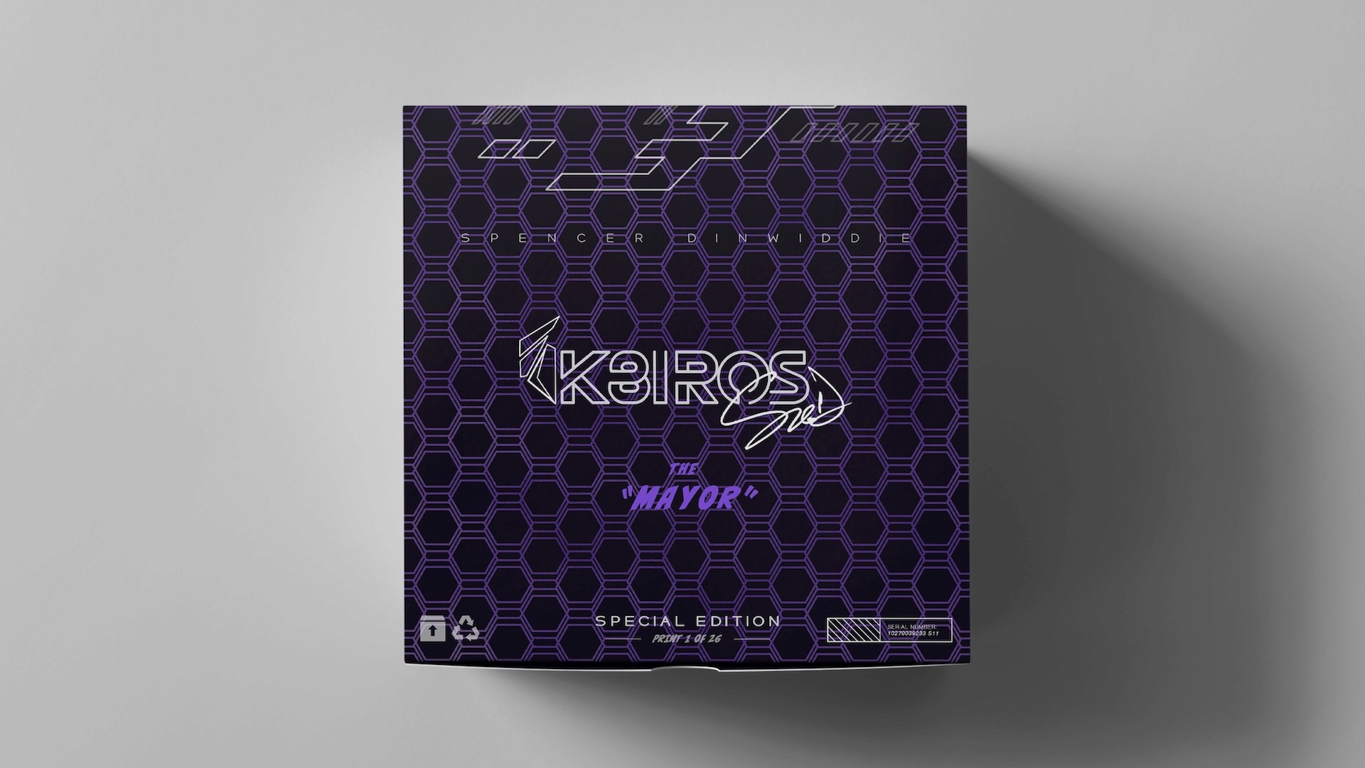 Spencer Dinwiddie K8IROS The Mayor special edition purple hexagon pattern packaging with signature and print 1 of 26 numbering