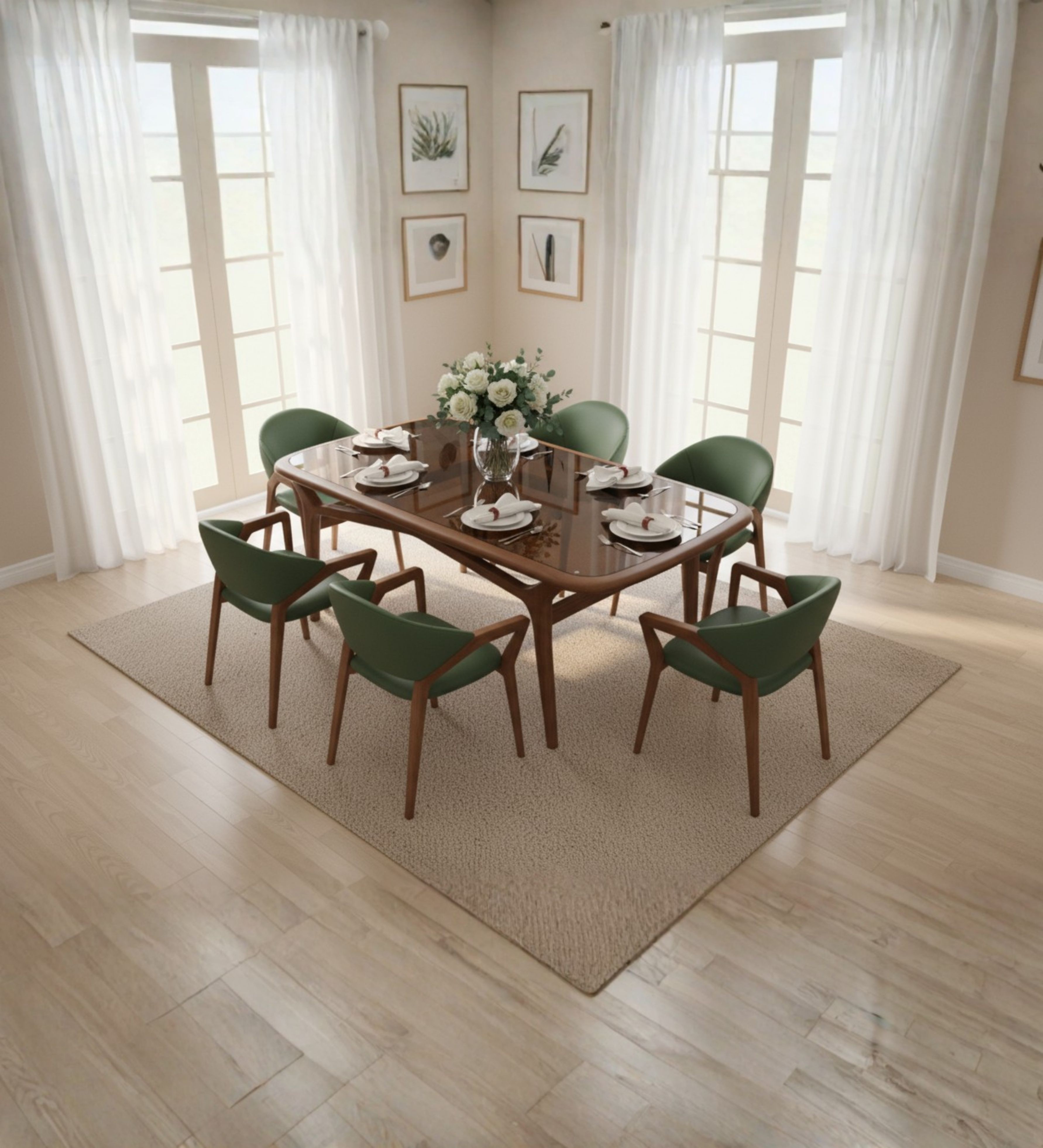 Rectangular curved glass‑top dining table with solid wood legs and curved upholstered chairs