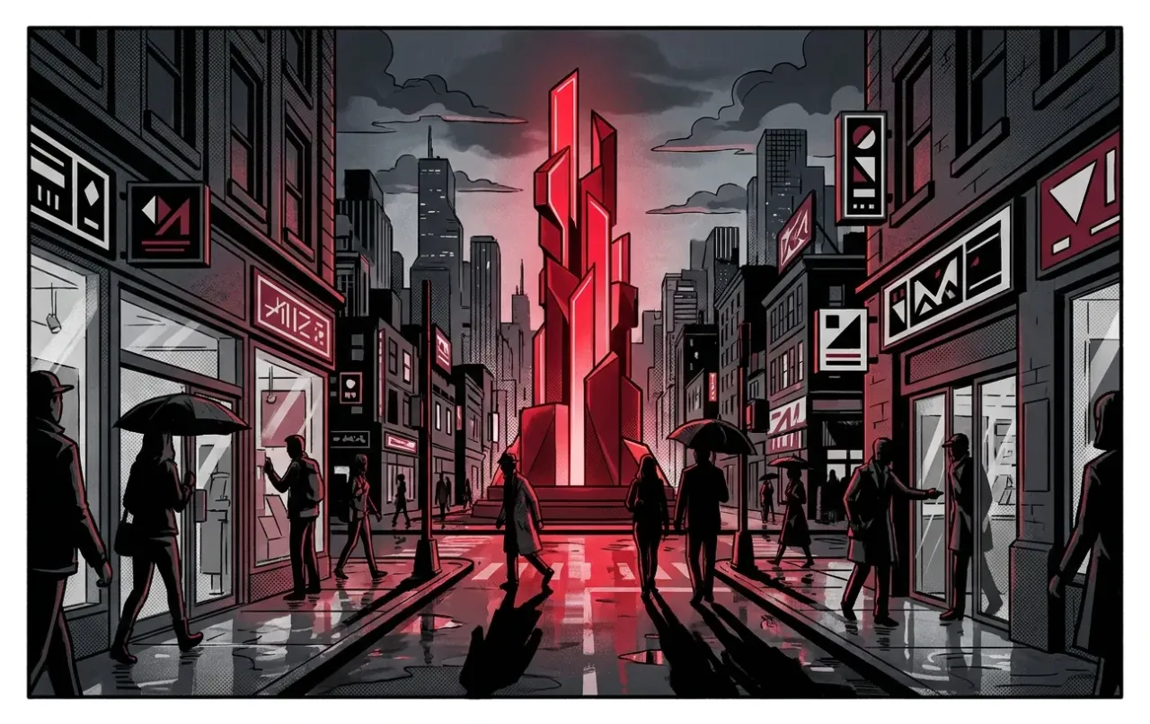 RockN' Socials cityscape; digital marketing agency's glowing red monument.