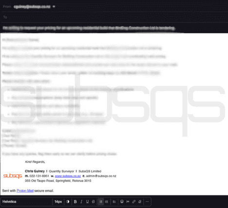 screenshot of Proton Mail application showing blurred out email as request for pricing to subcontractors by SubsQS Ltd
