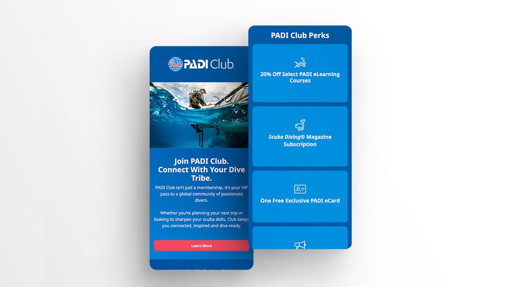 Layered mobile email mockups showcasing a PADI Club promotional campaign, featuring branded content modules, membership benefit cards, underwater imagery, and a modular mobile-first email design system.