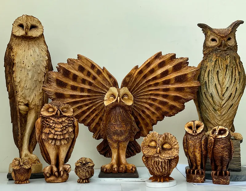 Full set of owl sculptures by Abby Martin