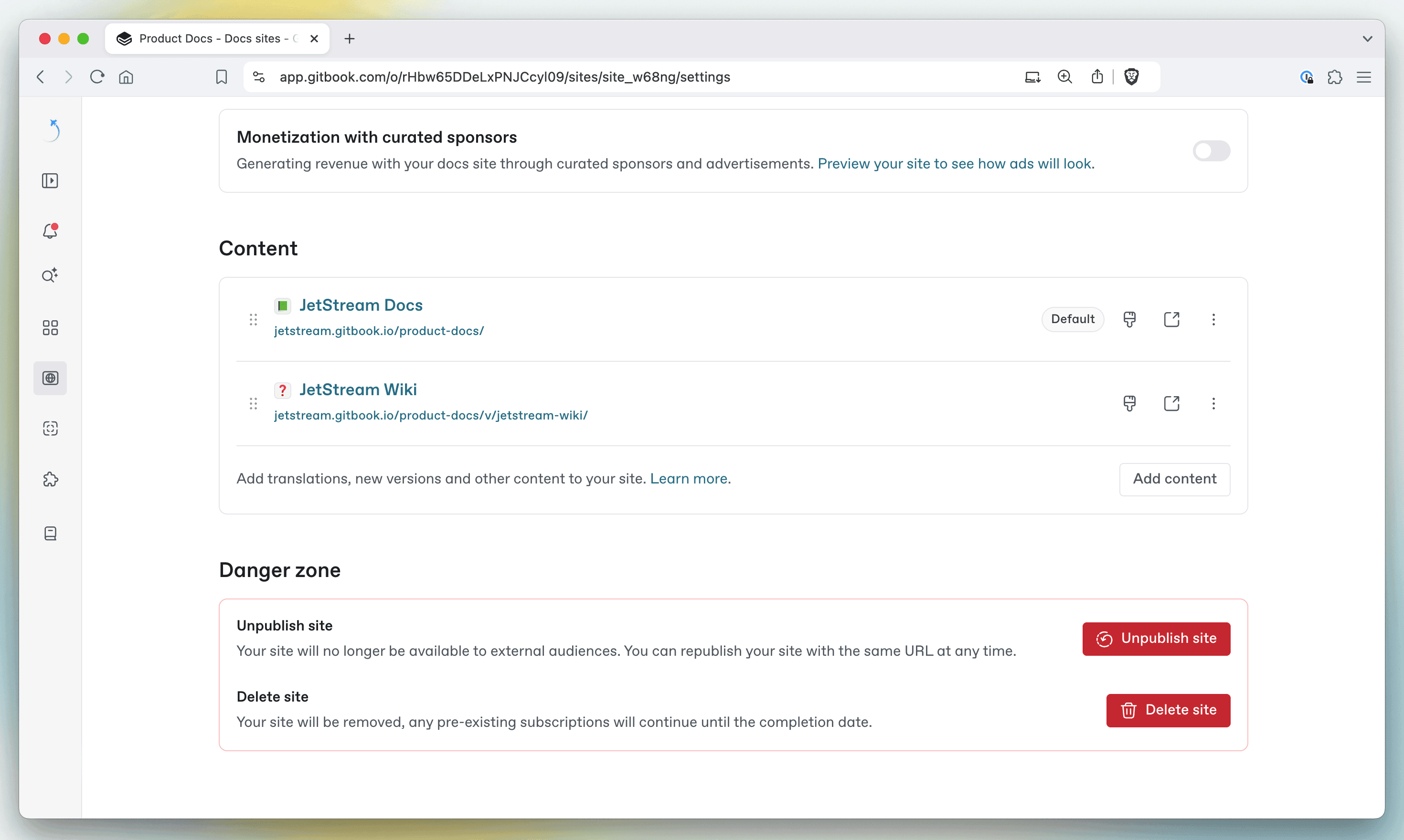 A screenshot showing how to manage the content of a docs site in GitBook