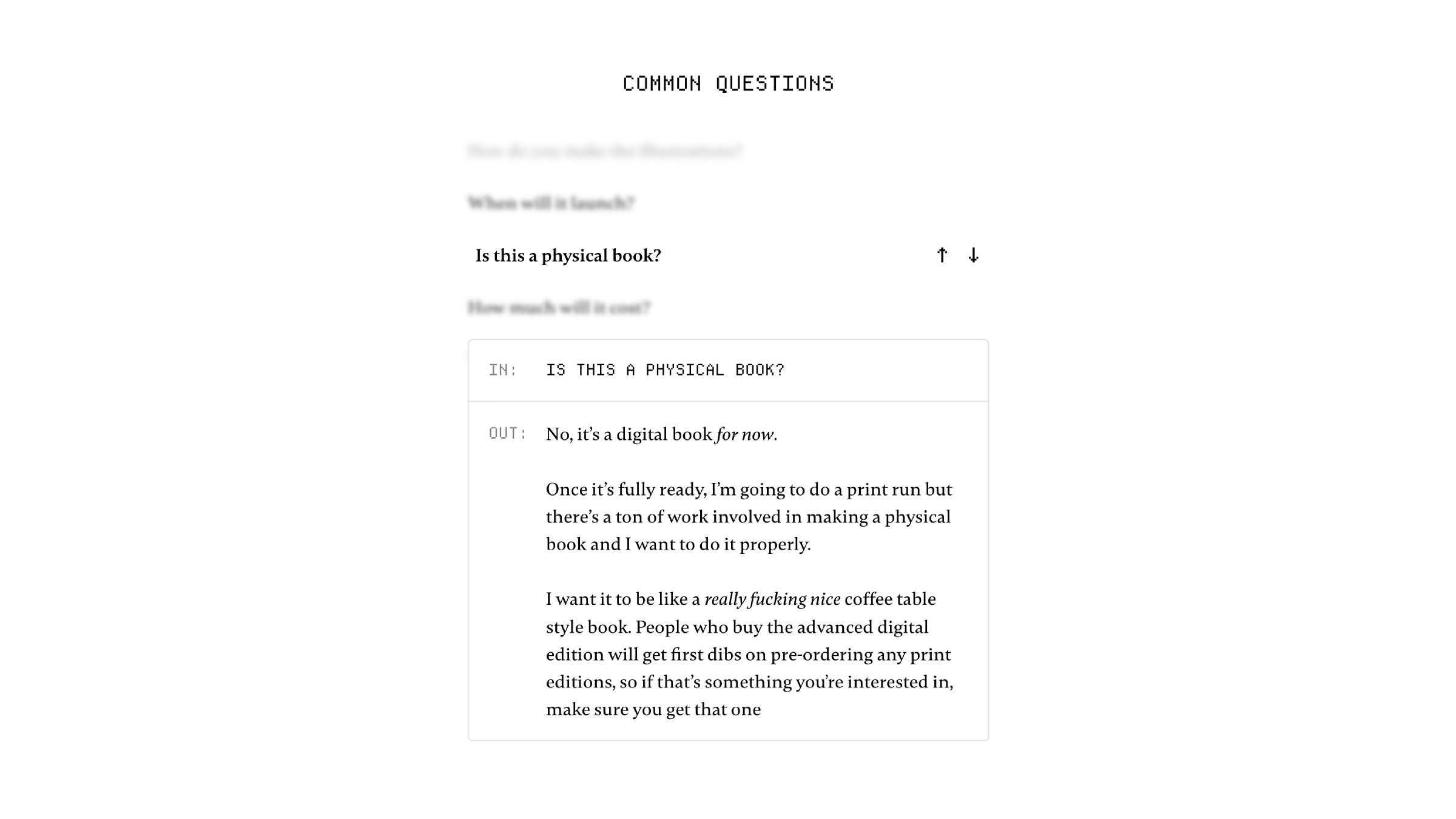 Minimal FAQ layout showing digital book question and detailed answer