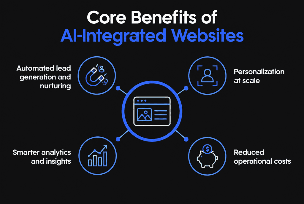 Infographic of the core benefits of AI-integrated websites: automated lead generation, personalization at scale, smarter analytics and reduced operational costs