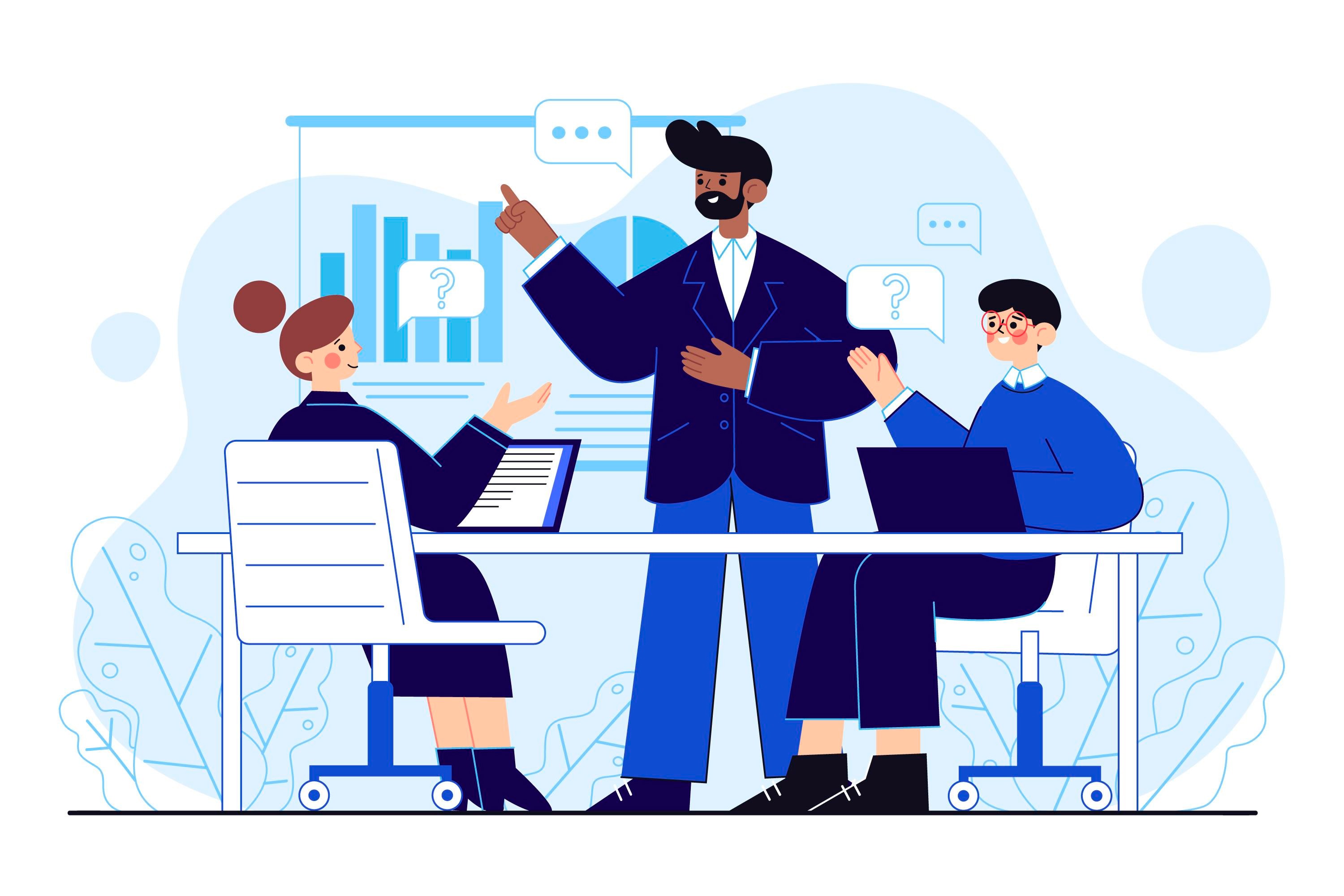 B2B demand generation team structure — illustration of a marketing leader and analysts aligning on metrics, questions, and team responsibilities.