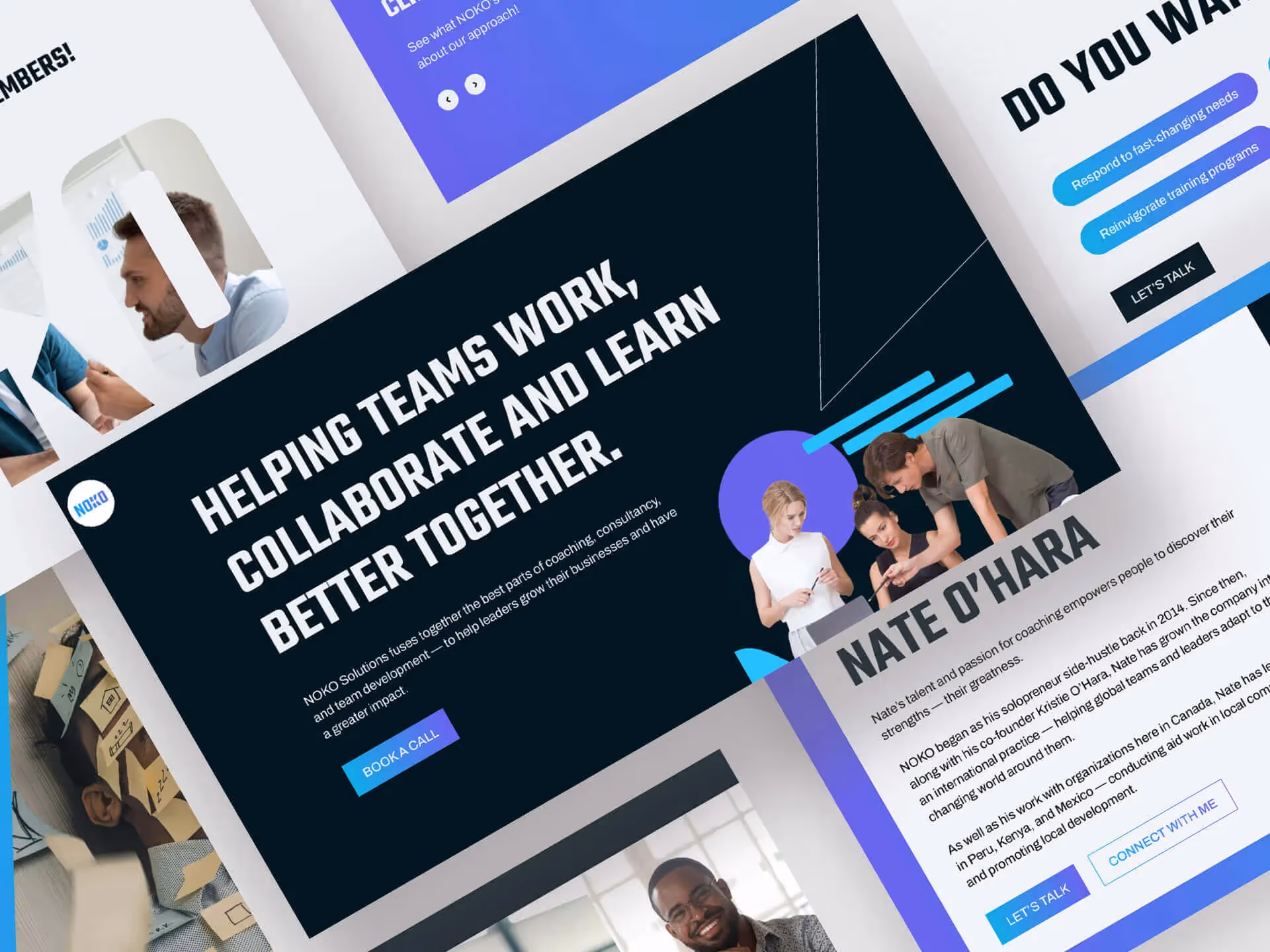 NOKO Solutions website section highlighting hELPING tEAMS wORK cOLLABORATE bETTER tOGETHER
