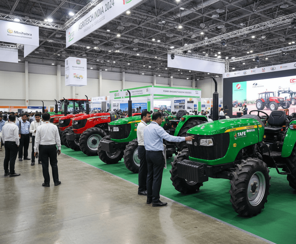 Modern tractor and farming equipment lineup at Agri Agro Grand Expo 2026, including a red multi-utility tractor with attachments, rotavator, seed drill, and harvester displayed on the expo ground, demonstrating advanced mechanization for efficient Indian farming.