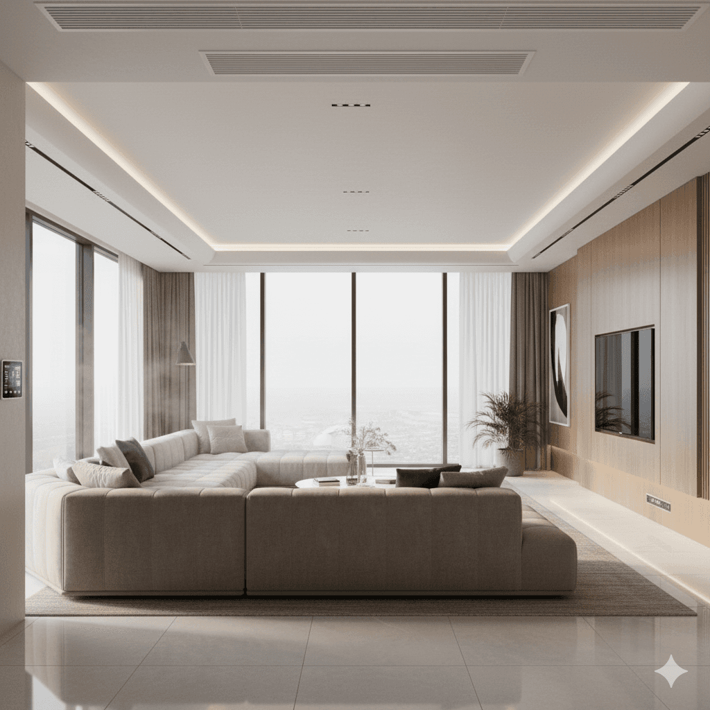 Interior view of a sophisticated living room with VRV air conditioning control panel, Gurgaon