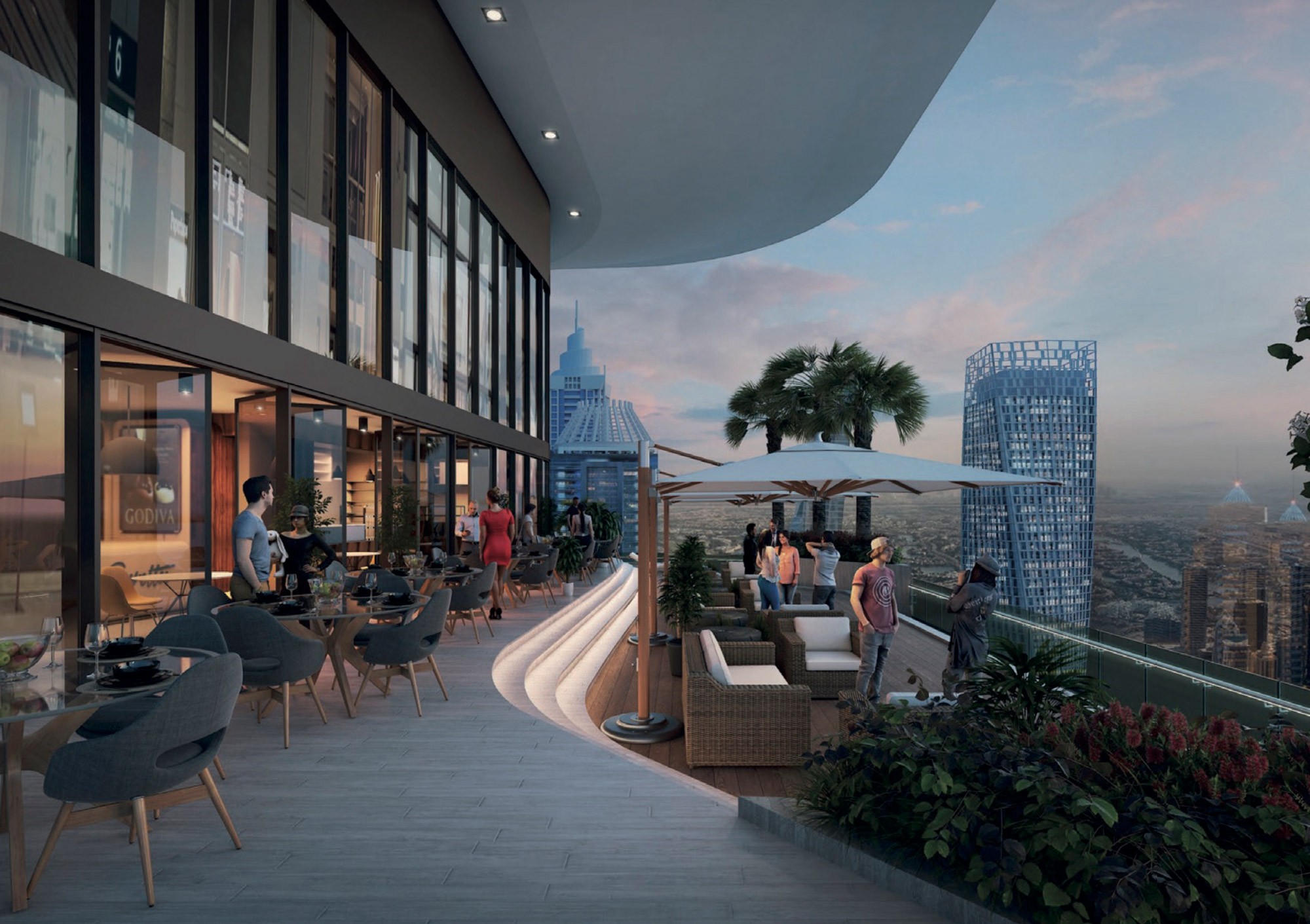 Outdoor terrace at Sobha Seahaven with sunset views over Dubai Marina, ideal for luxury property investors.