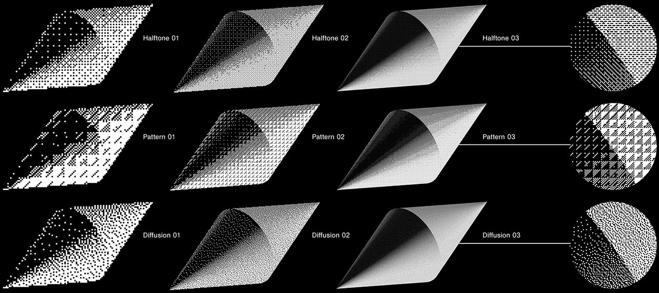 Bitmapped design elements showing three halftone texture variations including diffusion dither and bitmap pattern