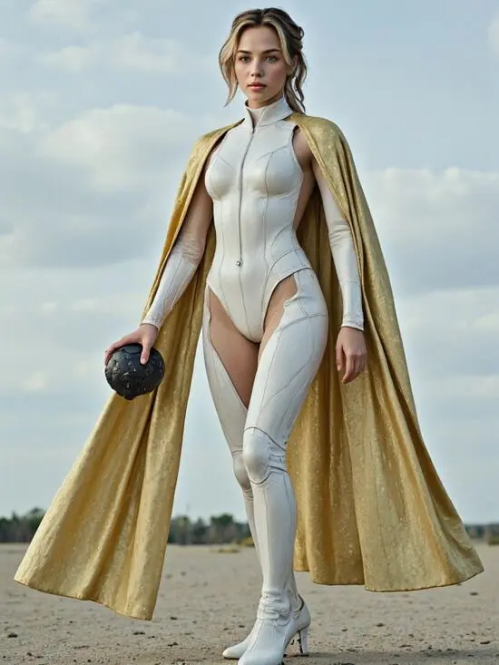 Cyber-armored heroine scanned by AI superhero generator