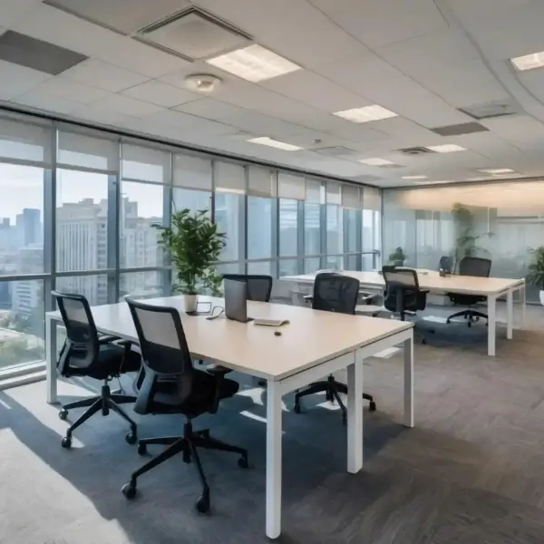 Modern open office furniture installation with white desks, and city view through large windows.