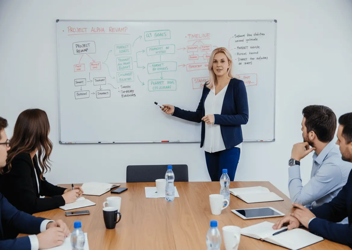 Beraterin präsentiert HR-Strategie-Framework dem Team während einer Employer-Branding-Planungssitzung