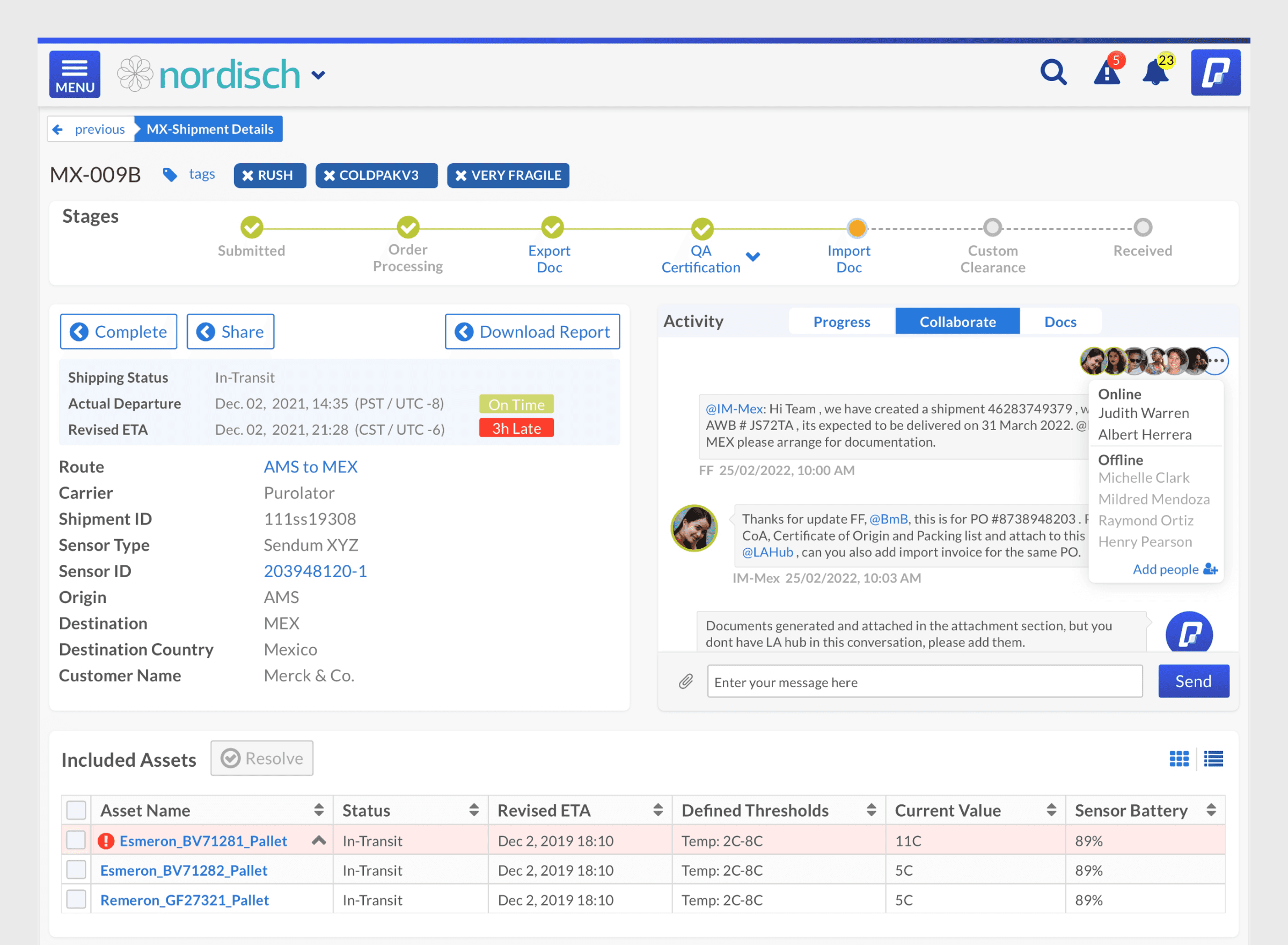 ParkourSC Nordisch desktop view of shipment MX-009B showing a multi-stage progress pipeline, shipping details (AMS to MEX, Purolator carrier), and an active team collaboration chat