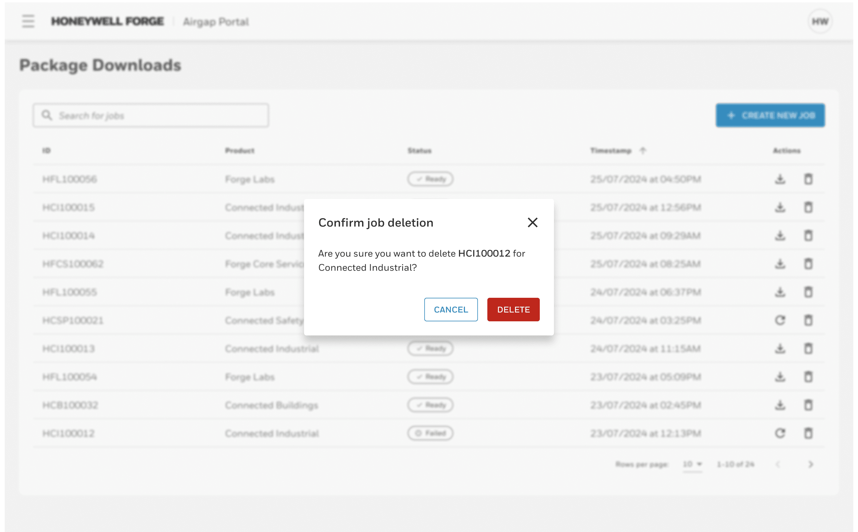 Confirm job deletion modal in the center of the screen