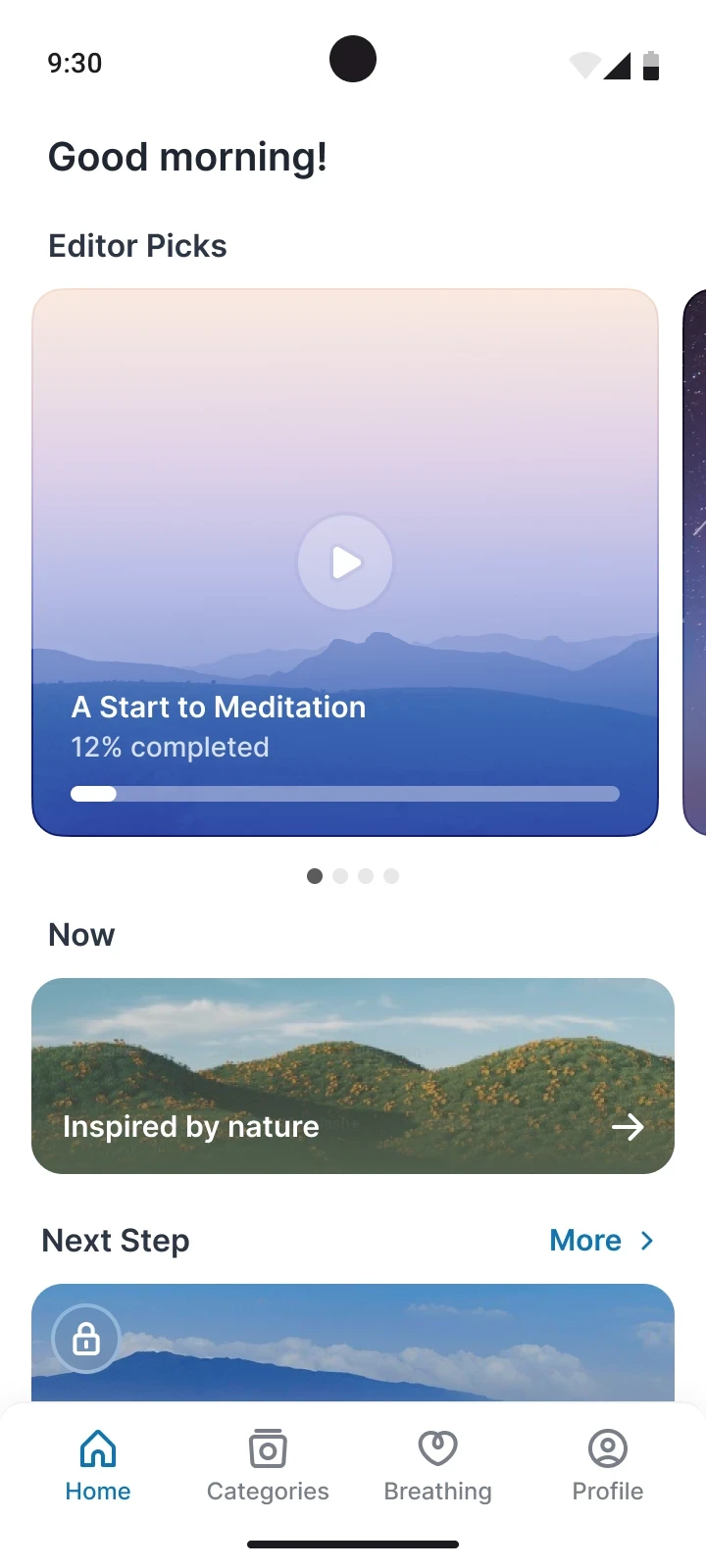 Jaan home screen with editor picks, a Now card and the next step