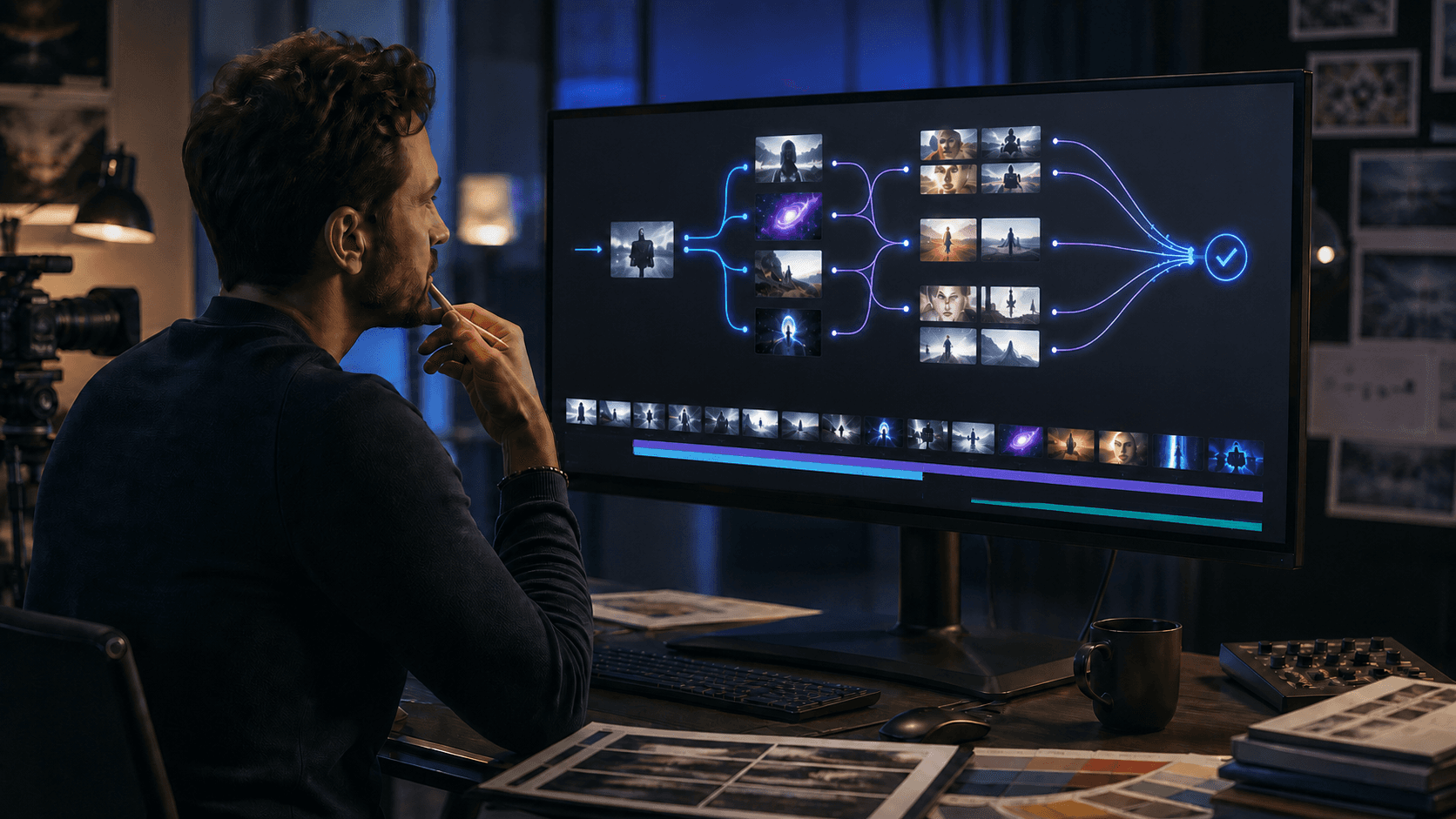 Adult creative lead reviewing a branching AI-assisted video workflow that converges at a human approval checkpoint.
