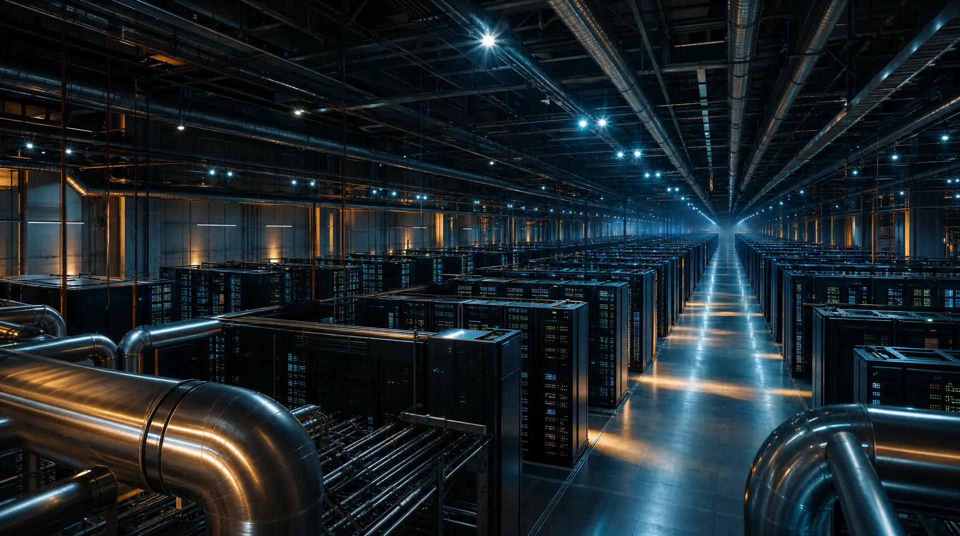 Server racks line a bright data-center corridor with overhead pipes and steel conduits, supporting marketing for edge computing companies.