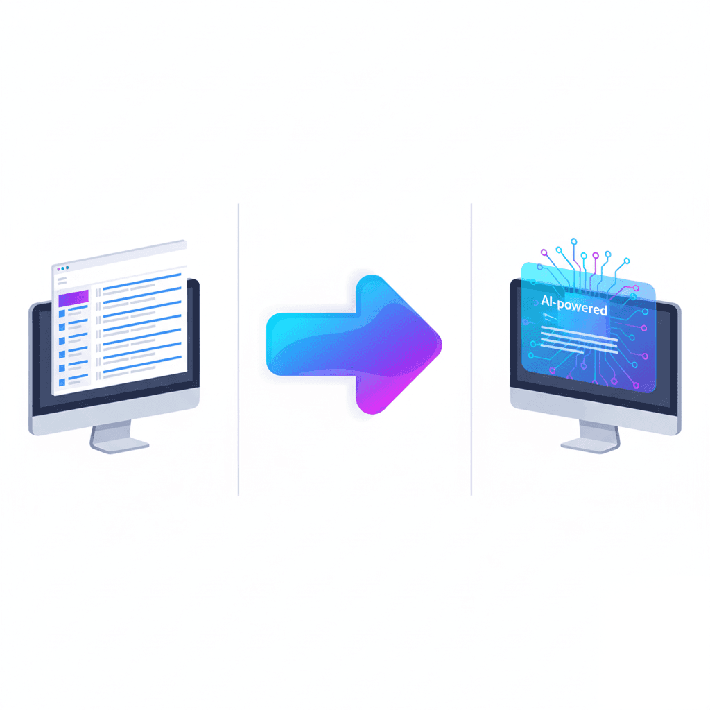 Une illustration moderne en style flat design représentant la transition du SEO vers le GEO. À gauche, un ordinateur avec des résultats de recherche traditionnels sous forme de liste de liens bleus sur fond blanc. Au centre, une flèche de transformation lumineuse et fluide. À droite, un écran holographique affichant une réponse IA synthétique avec des circuits neuronaux lumineux en arrière-plan. Palette de couleurs : bleu électrique, blanc, gris moderne et touches de violet. Style minimaliste et professionnel, sans aucun texte visible.