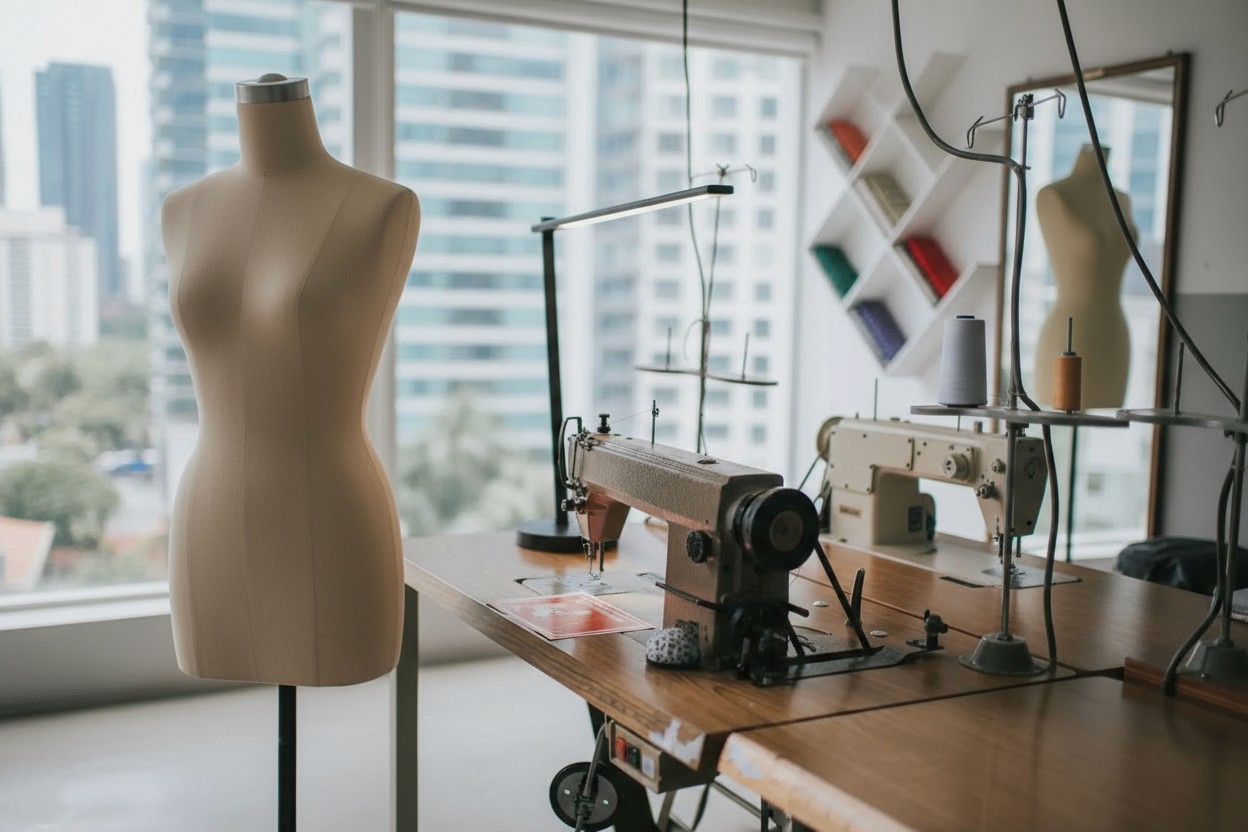 Modestudio mit Nähmaschine und Designmaterialien