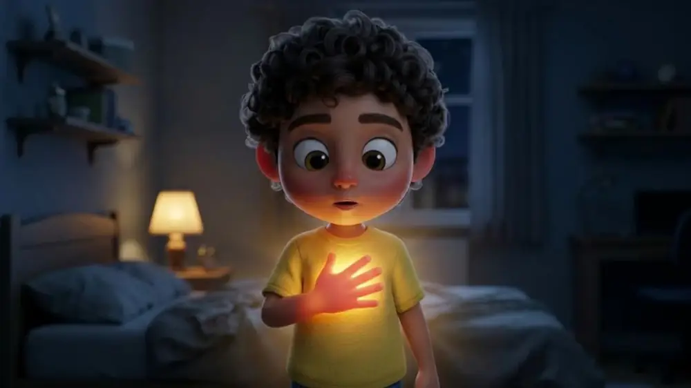 Scene 17: the boy pressing a glowing hand to his chest in a dim bedroom