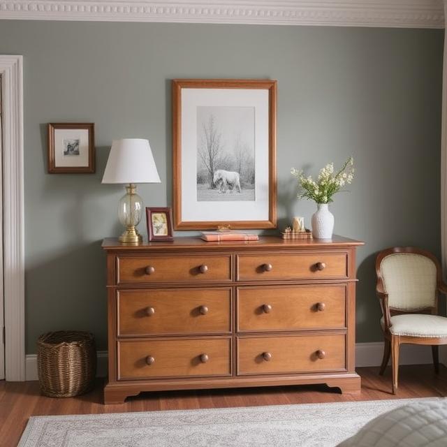 A cozy bedroom featuring a dresser, a chair, and a framed picture hanging on the wall.