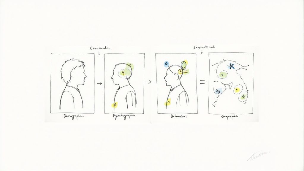 Diagram showing progression from demographic to psychographic, behavioral, and geographic audience segmentation.