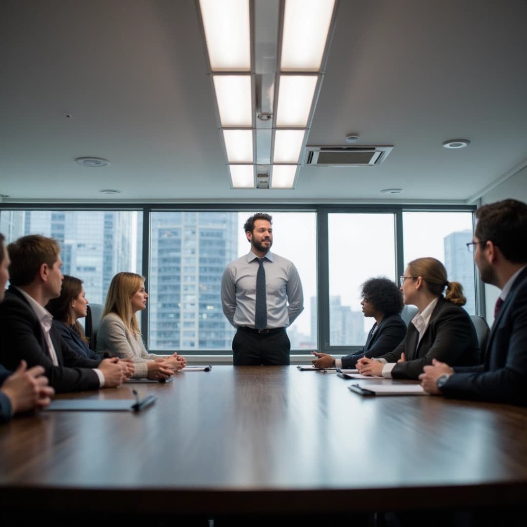 ein mann steht in einem büro vor einem tisch an dem office-angestellte sitzen