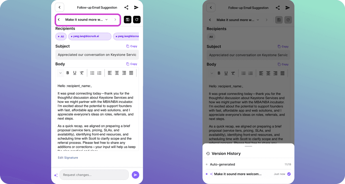 Updated follow-up email version shown after applying the request (new subject + revised body).