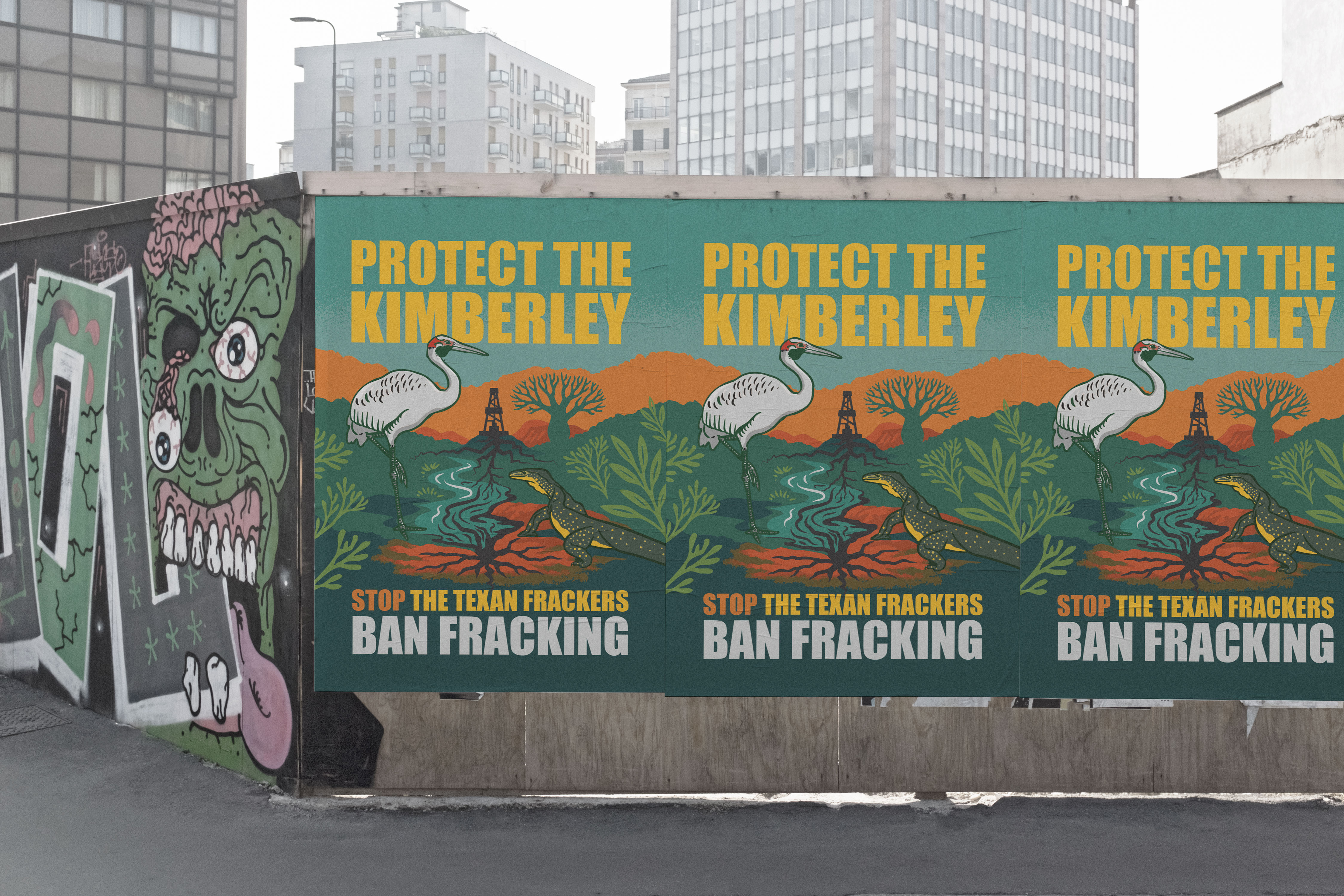 photo of Frack Free Kinberley illustrated and designed posters pasted on wall 