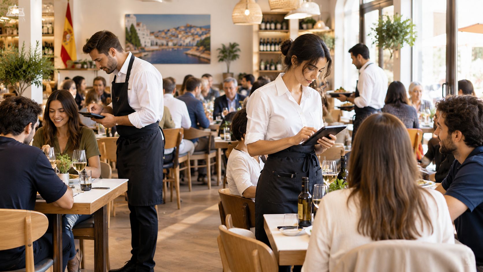 Camareros tomando pedidos en tablets digitales en un restaurante elegante y concurrido lleno de clientes.