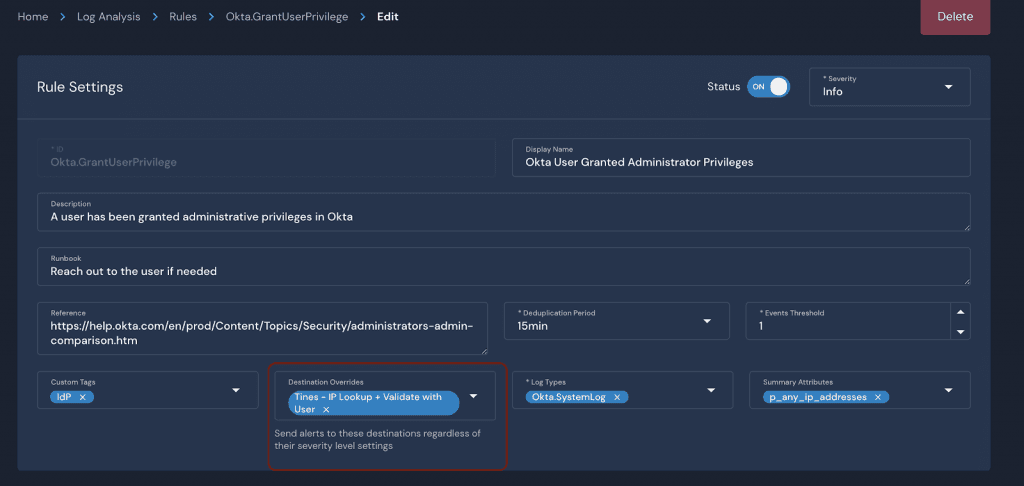 Set an alert destination for a specific rule