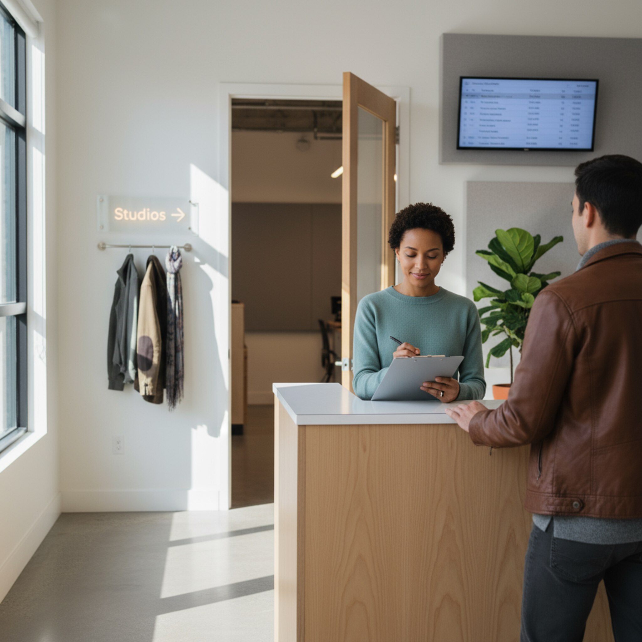 Ein ruhiger Empfangsbereich mit dezenter Beleuchtung, eine Mitarbeiterin hakt Ankunftszeiten auf einer Liste ab. Jacken hängen ordentlich, ein Schild weist den Weg zu den Studios. Alles vermittelt Struktur, Pünktlichkeit und verlässliche Abläufe.