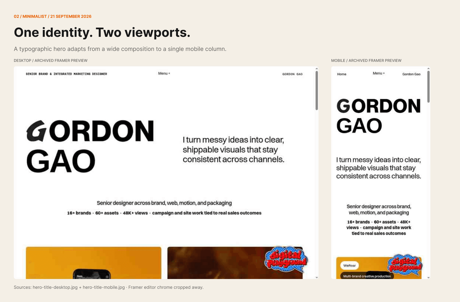 Minimalist process board pairing archived desktop and mobile layouts with a typographic Gordon Gao introduction.