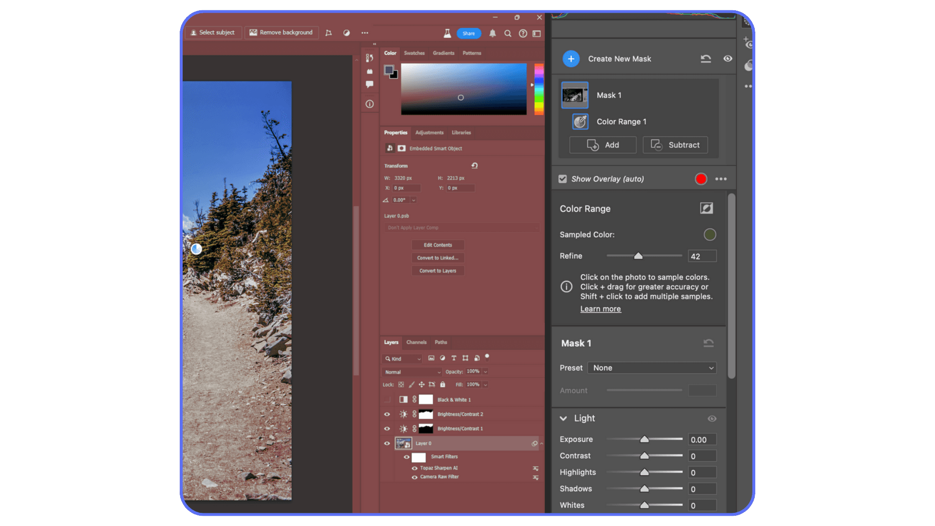 Refining a Color Range mask in Photoshop using the mask properties panel