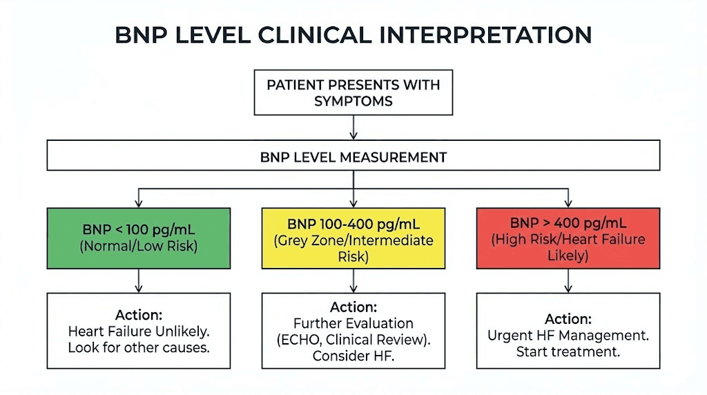 BNP level interpretation chart showing diagnostic zones from normal to critically elevated