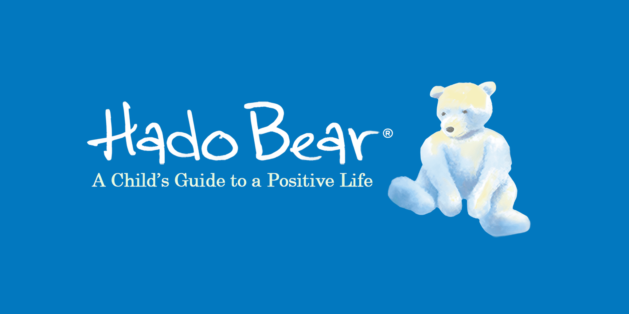Illustration of a light blue teddy bear sitting against a vibrant blue background. Text reads "Hado Bear: A Child's Guide to a Positive Life."