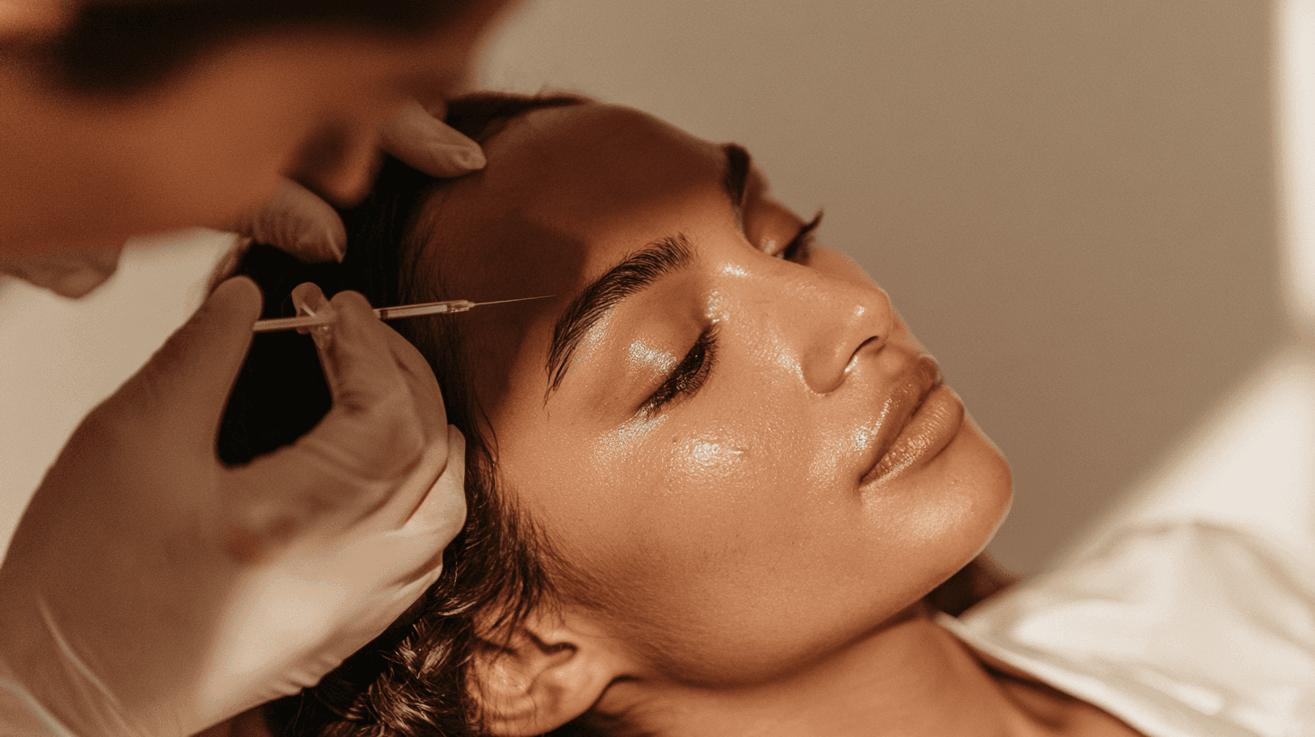 A gloved clinician administering a Botox injection near the hairline of a relaxed client with closed eyes, under warm lighting.